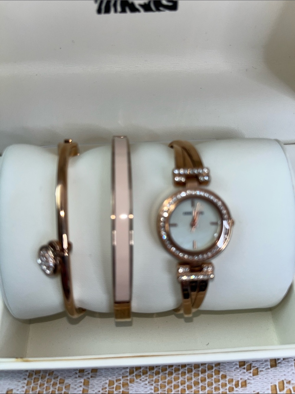 Anne Klein Rose Gold Tone Watch and Bracelet Trio with Crystal Accents NIB